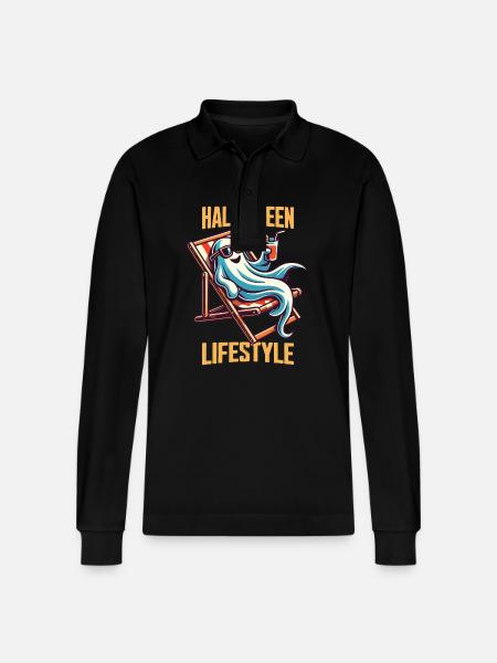 Relaxed Halloween Lifestyle Ghost - Stanley/Stella Organic Unisex Long-Sleeved Polo Shirt Prepster - black