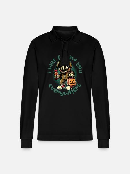 Creepy Halloween Skeleton Dog Stalker - Stanley/Stella Organic Unisex Long-Sleeved Polo Shirt Prepster - black