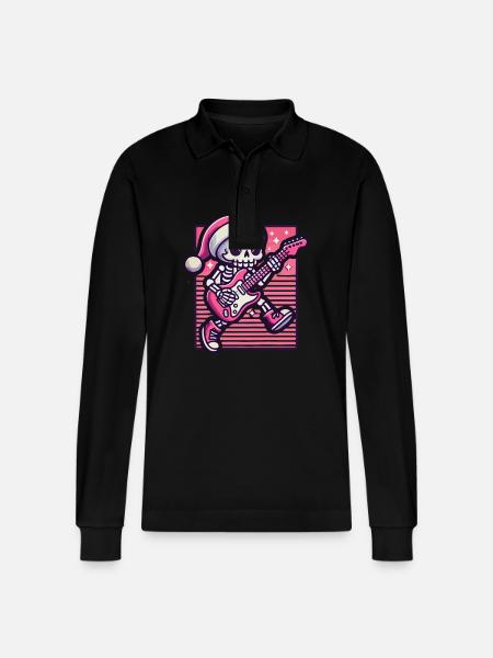 Christmas Skeleton Guitarist Rocks - Stanley/Stella Organic Unisex Long-Sleeved Polo Shirt Prepster - black