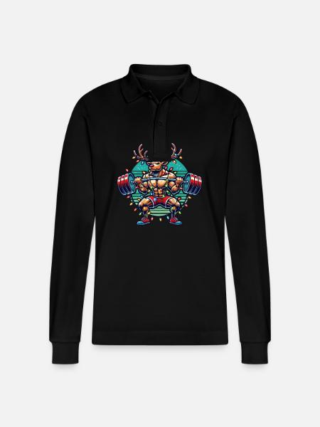 Christmas Bodybuilder Reindeer Muscle Power - Stanley/Stella Organic Unisex Long-Sleeved Polo Shirt Prepster - black
