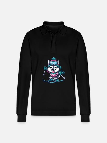 Husky on skis - Funny comic winter sports - Stanley/Stella Organic Unisex Long-Sleeved Polo Shirt Prepster - black