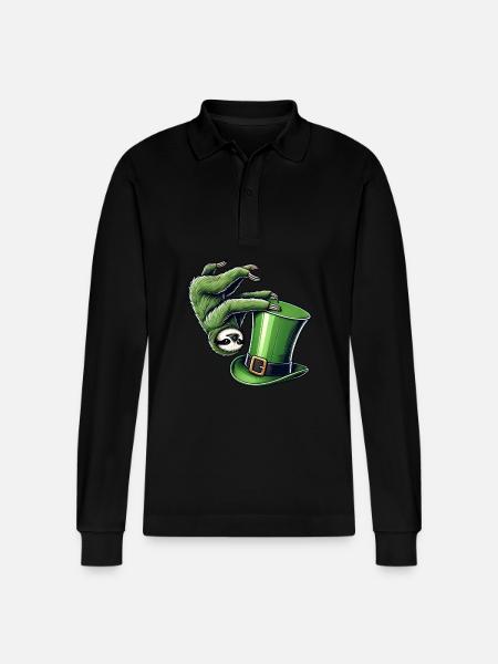 St. Patrick's Sloth Shamrock Handstand - Stanley/Stella Organic Unisex Long-Sleeved Polo Shirt Prepster - black