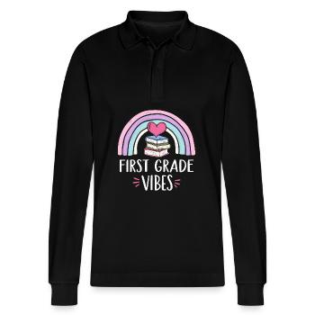 First Grade Vibes - Stanley/Stella Organic Unisex Long-Sleeved Polo Shirt Prepster - black - Front - Anna (173cm) & Nico (186cm)