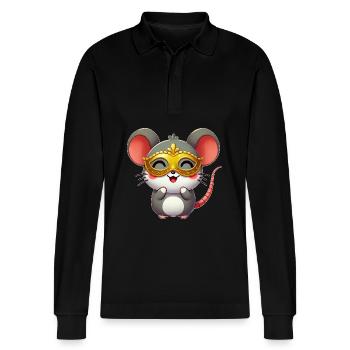 Cute Cartoon Mouse Mardi Gras Carnival - Stanley/Stella Organic Unisex Long-Sleeved Polo Shirt Prepster - black - Front - Anna (173cm) & Nico (186cm)