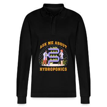 Ask me about Hydroponics - Stanley/Stella Organic Unisex Long-Sleeved Polo Shirt Prepster - black - Front - Anna (173cm) & Nico (186cm)