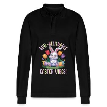Bun-Believable Easter Vibes - Stanley/Stella Organic Unisex Long-Sleeved Polo Shirt Prepster - black - Front - Anna (173cm) & Nico (186cm)