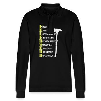 Eigenschaften eines wahren Feuerwehrhelden - Stanley/Stella Unisex Bio-Langarm-Poloshirt Prepster - Schwarz - Vorne - Anna (173cm) & Nico (186cm)