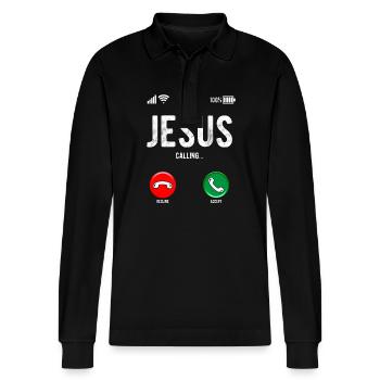 Christian Message Jesus Calls Humorous - Stanley/Stella Organic Unisex Long-Sleeved Polo Shirt Prepster - black - Front - Anna (173cm) & Nico (186cm)