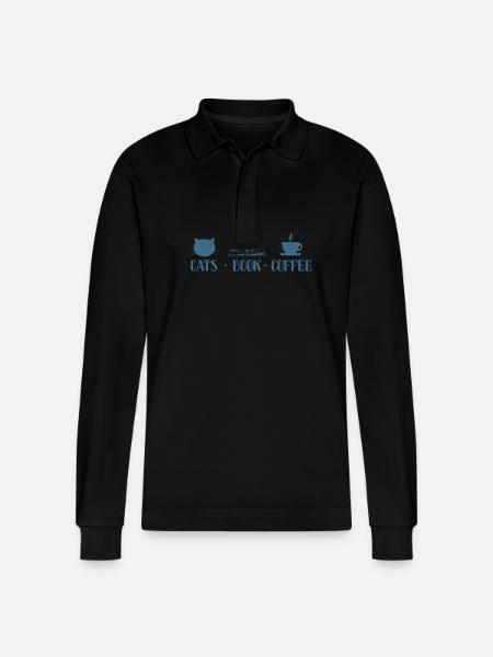 Read Cats Book Coffee - Stanley/Stella Organic Unisex Long-Sleeved Polo Shirt Prepster - black