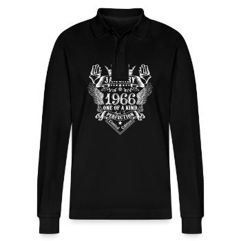 1966 January 1966 Birthday January 1966 - Stanley/Stella Organic Unisex Long-Sleeved Polo Shirt Prepster - black - Front - Anna (173cm) & Nico (186cm)