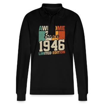 Vintage Birthday 1946 - Stanley/Stella Organic Unisex Long-Sleeved Polo Shirt Prepster - black - Front - Anna (173cm) & Nico (186cm)