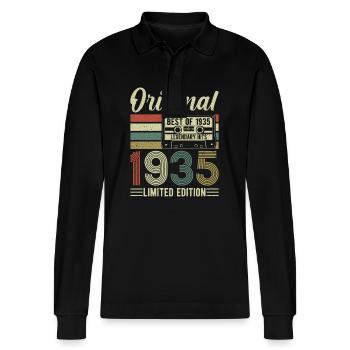 Vintage Geburtstagsfreude 1935 - Stanley/Stella Unisex Bio-Langarm-Poloshirt Prepster - Schwarz - Vorne - Anna (173cm) & Nico (186cm)