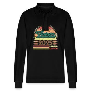 Cadeau d’anniversaire Retro 2025. Vintage 2025. - Polo à manches longues bio PREPSTER Stanley/Stella Unisexe - noir - Devant - Anna (173cm) & Nico (186cm)