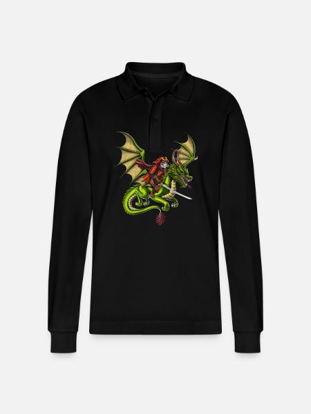 Japanese Samurai Cat Riding Dragon - Stanley/Stella Organic Unisex Long-Sleeved Polo Shirt Prepster - black