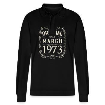 Vintage - Original since March 1973 Birthday - Stanley/Stella Organic Unisex Long-Sleeved Polo Shirt Prepster - black - Front - Anna (173cm) & Nico (186cm)