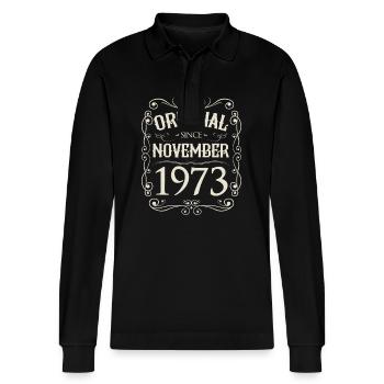 Vintage - Original since November 1973 Birthday - Stanley/Stella Organic Unisex Long-Sleeved Polo Shirt Prepster - black - Front - Anna (173cm) & Nico (186cm)