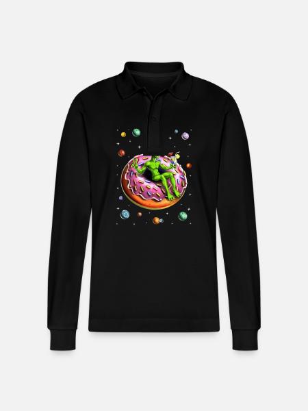Space Alien Riding Donut - Stanley/Stella Organic Unisex Long-Sleeved Polo Shirt Prepster - black