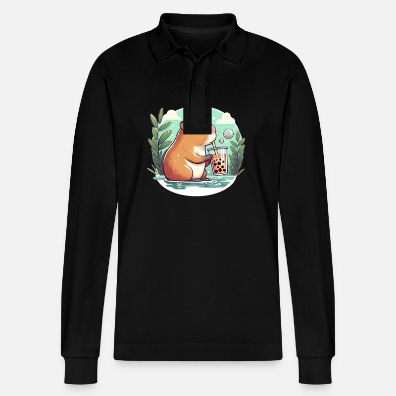 Capybara genießt Bubble Tea - Stanley/Stella Unisex Bio-Langarm-Poloshirt Prepster - Schwarz