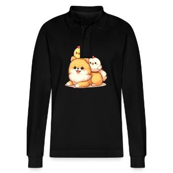 Cute chick on a Pomeranian - Stanley/Stella Organic Unisex Long-Sleeved Polo Shirt Prepster - black - Front - Anna (173cm) & Nico (186cm)