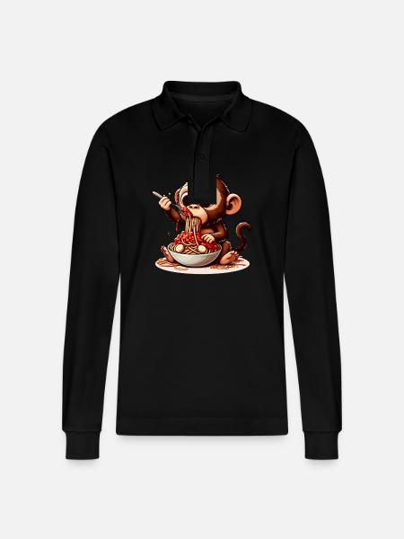 Monkey enjoying spaghetti bolognese - Stanley/Stella Organic Unisex Long-Sleeved Polo Shirt Prepster - black