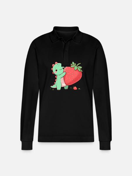 Strawberry Dino - Stanley/Stella Organic Unisex Long-Sleeved Polo Shirt Prepster - black