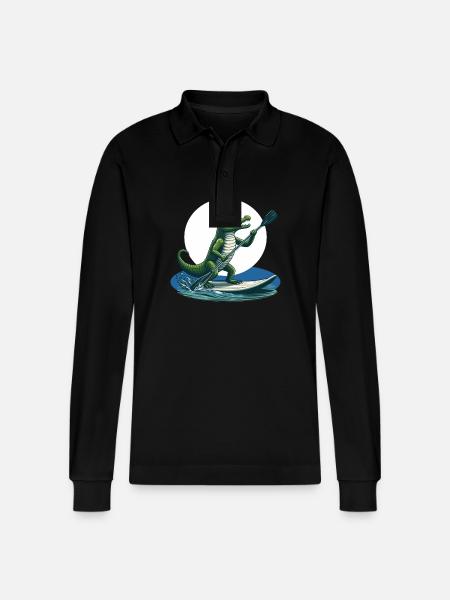 Crocodile doing stand-up paddling - Stanley/Stella Organic Unisex Long-Sleeved Polo Shirt Prepster - black