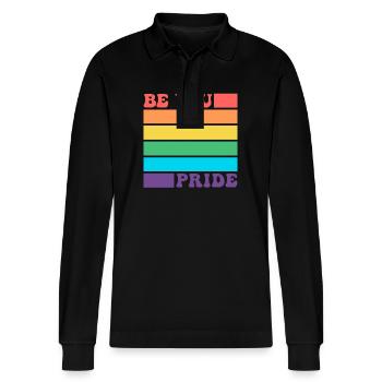 Sei du LGBTQ Schwul Lesbisch Pride Verbündeter Regenbogenflagge - Stanley/Stella Unisex Bio-Langarm-Poloshirt Prepster - Schwarz - Vorne - Anna (173cm) & Nico (186cm)