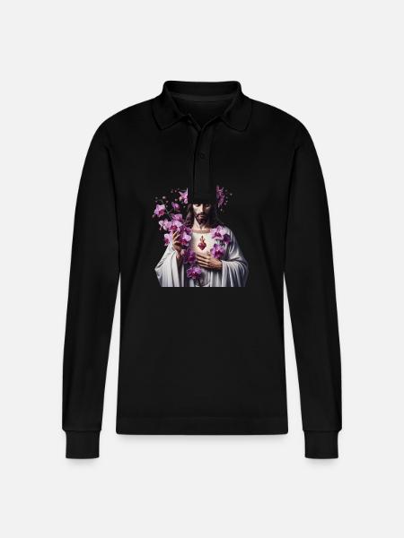 Jesus with Purple Orchids - Stanley/Stella Organic Unisex Long-Sleeved Polo Shirt Prepster - black