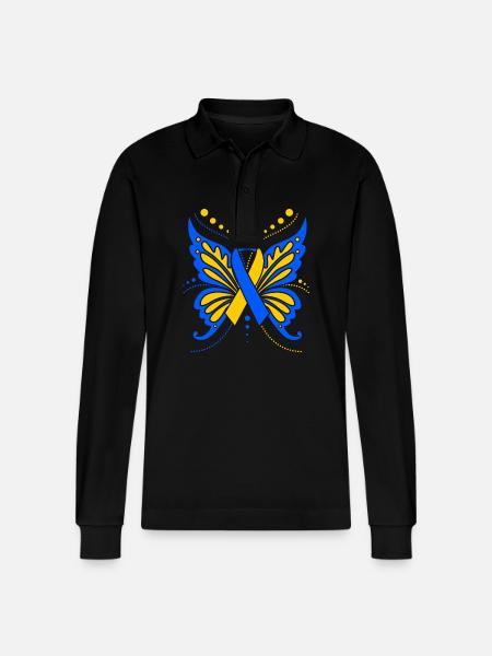 Down Syndrome Butterfly - Stanley/Stella Organic Unisex Long-Sleeved Polo Shirt Prepster - black