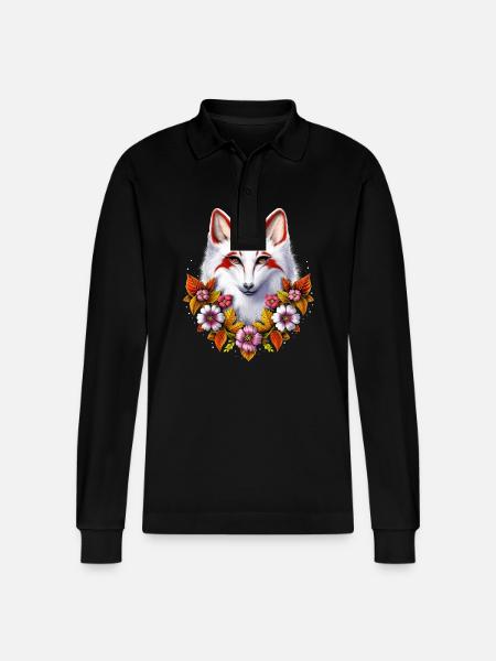 Japanese Kitsune Fox - Stanley/Stella Organic Unisex Long-Sleeved Polo Shirt Prepster - black