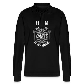 Robuster personalisierter Dartspieler-Designname John - Stanley/Stella Unisex Bio-Langarm-Poloshirt Prepster - Schwarz - Vorne - Anna (173cm) & Nico (186cm)