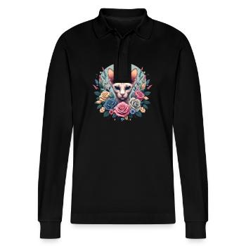 Sphynx Katze mit Blumen - Stanley/Stella Unisex Bio-Langarm-Poloshirt Prepster - Schwarz - Vorne - Anna (173cm) & Nico (186cm)