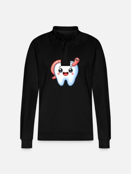 Funny tooth with worm - Stanley/Stella Organic Unisex Long-Sleeved Polo Shirt Prepster - black