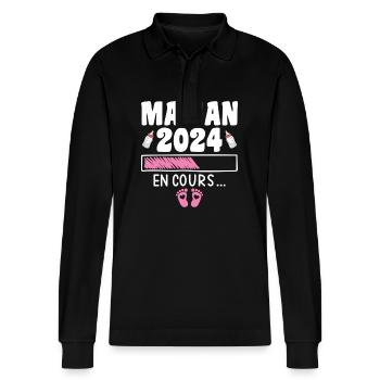 Werdende Mutter 2024 Fortlaufend Schwangere Mutter - Stanley/Stella Unisex Bio-Langarm-Poloshirt Prepster - Schwarz - Vorne - Anna (173cm) & Nico (186cm)