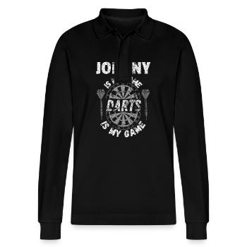 Personalisiertes Dartspieler-Design Johnny - Stanley/Stella Unisex Bio-Langarm-Poloshirt Prepster - Schwarz - Vorne - Anna (173cm) & Nico (186cm)