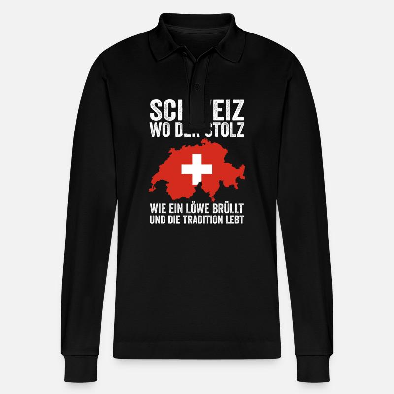 Schweizer Schweiz - Stanley/Stella Unisex Bio-Langarm-Poloshirt Prepster - Schwarz