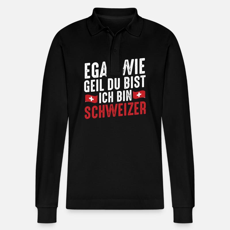 Schweizer Schweiz - Stanley/Stella Unisex Bio-Langarm-Poloshirt Prepster - Schwarz