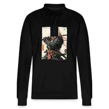 Samurai Cat Kawaii Japanische Ninja Katze - Stanley/Stella Unisex Bio-Langarm-Poloshirt Prepster - Schwarz - Vorne - Anna (173cm) & Nico (186cm)
