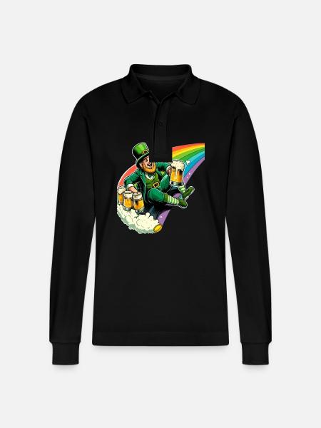 Leprechaun (Irish Leprechaun) on Rainbow - Stanley/Stella Organic Unisex Long-Sleeved Polo Shirt Prepster - black