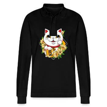 Maneki Neko Japan Glücksbringer - Stanley/Stella Unisex Bio-Langarm-Poloshirt Prepster - Schwarz - Vorne - Anna (173cm) & Nico (186cm)
