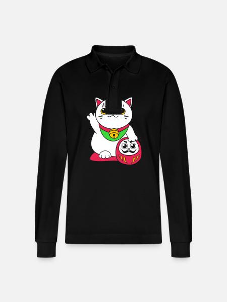 Maneki Neko Japan Lucky Charm - Stanley/Stella Organic Unisex Long-Sleeved Polo Shirt Prepster - black
