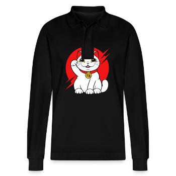 Maneki Neko Japan Glücksbringer - Stanley/Stella Unisex Bio-Langarm-Poloshirt Prepster - Schwarz - Vorne - Anna (173cm) & Nico (186cm)