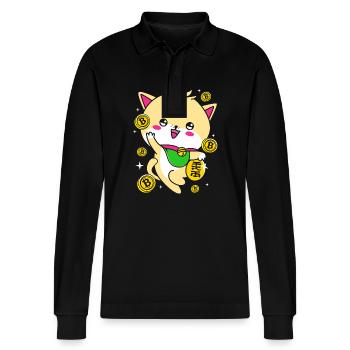 Maneki Neko Japan Glücksbringer - Stanley/Stella Unisex Bio-Langarm-Poloshirt Prepster - Schwarz - Vorne - Anna (173cm) & Nico (186cm)