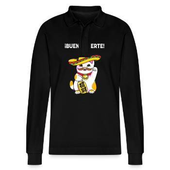 Maneki Neko Japan Glücksbringer - Stanley/Stella Unisex Bio-Langarm-Poloshirt Prepster - Schwarz - Vorne - Anna (173cm) & Nico (186cm)