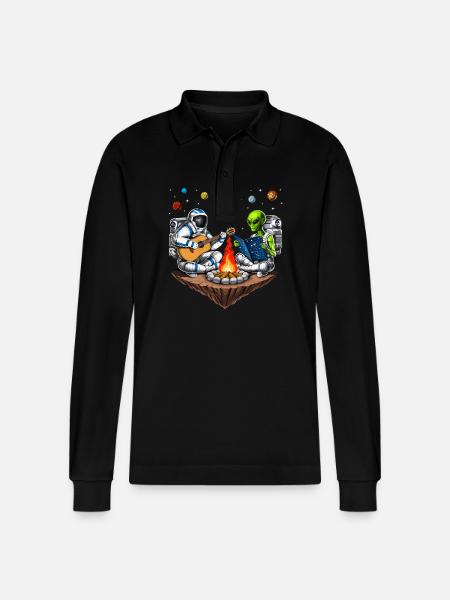 Space Astronaut Alien Camping - Stanley/Stella Organic Unisex Long-Sleeved Polo Shirt Prepster - black