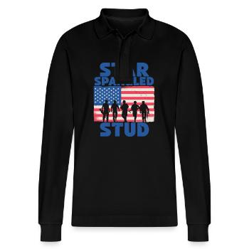 Star Spangled Stud Friedenszeichen USA Flagge - Stanley/Stella Unisex Bio-Langarm-Poloshirt Prepster - Schwarz - Vorne - Anna (173cm) & Nico (186cm)