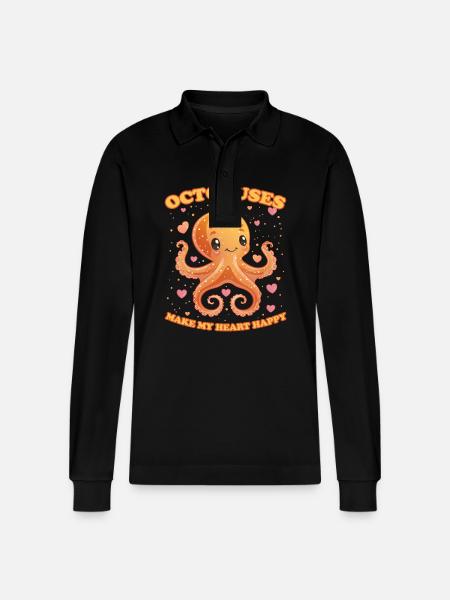 Funny Octopus Cephalopod Squid Gift - Stanley/Stella Organic Unisex Long-Sleeved Polo Shirt Prepster - black