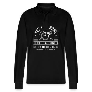 Yes I Do Bowl like a Girl Try to keep Up Funny Bow - Stanley/Stella Organic Unisex Long-Sleeved Polo Shirt Prepster - black - Front - Anna (173cm) & Nico (186cm)