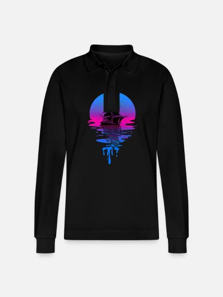 Sunset Pirate Ship - Stanley/Stella Organic Unisex Long-Sleeved Polo Shirt Prepster - black