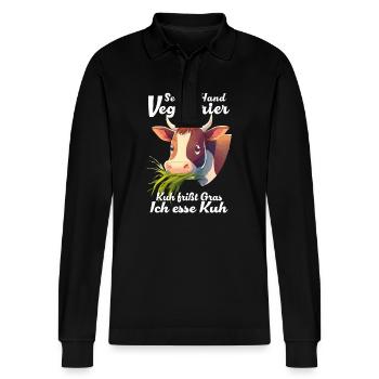 VEGETARIER KUH FRIßT GRAS - Stanley/Stella Unisex Bio-Langarm-Poloshirt Prepster - Schwarz - Vorne - Anna (173cm) & Nico (186cm)